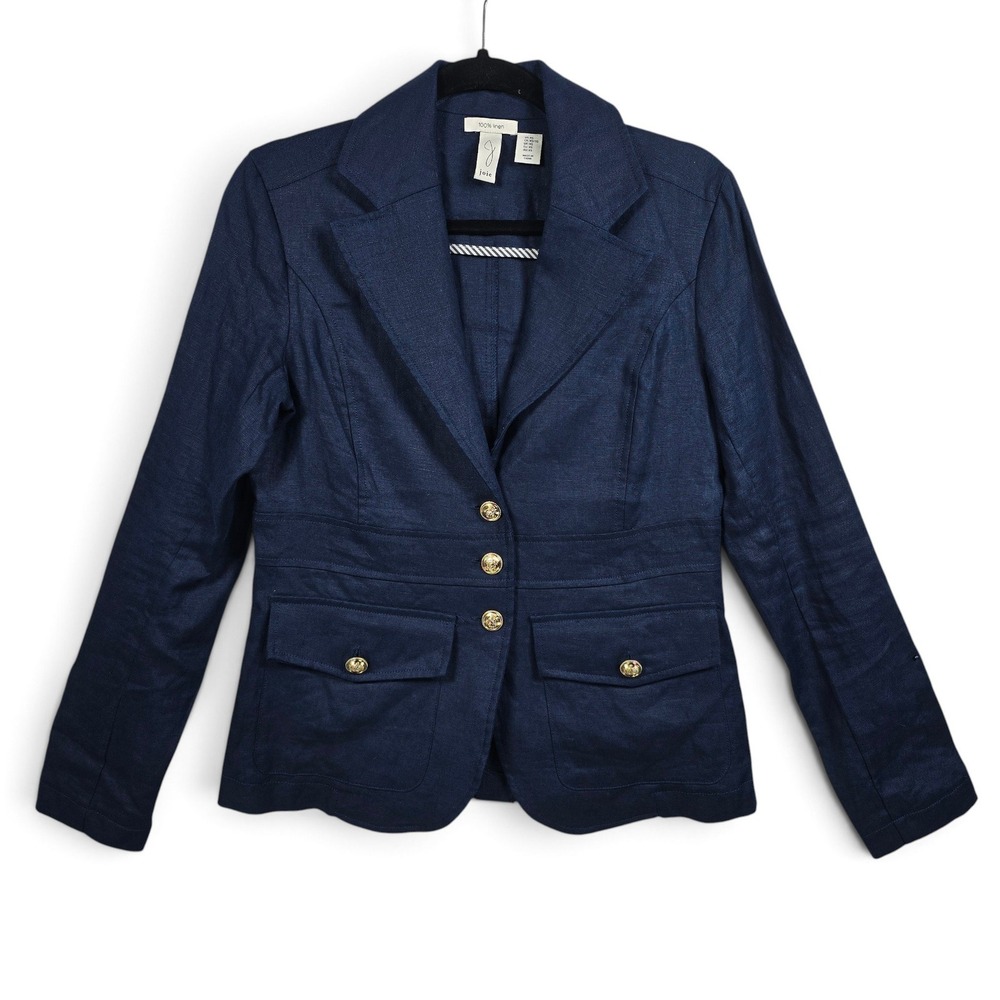 Joie Linen Blazer Women XS Navy Blue Gold Crest Button Military Coastal Career
